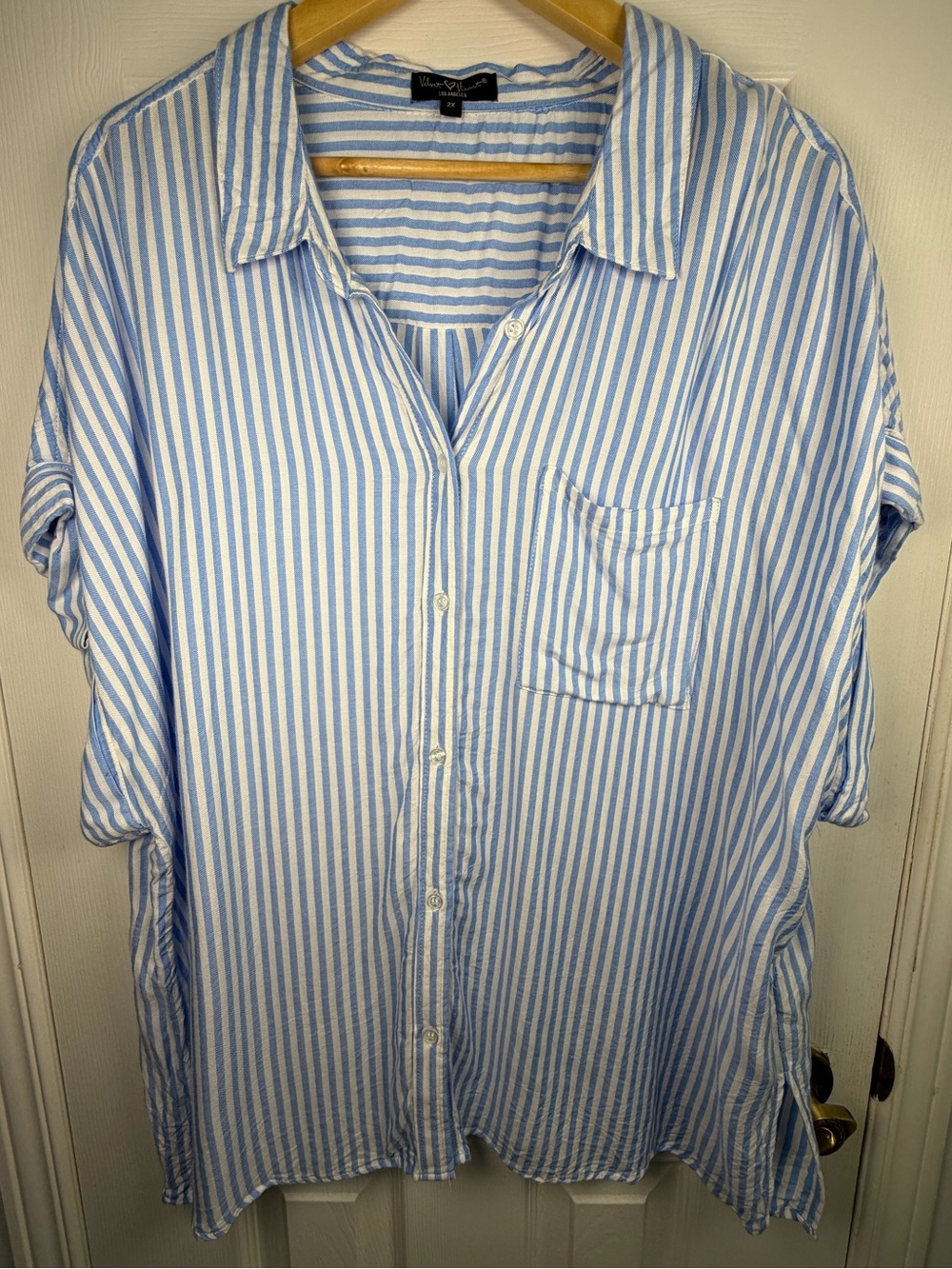 Velvet Heart Blue White Striped Button-Down Shirt 2X Soft Tencel Rayon Relaxed